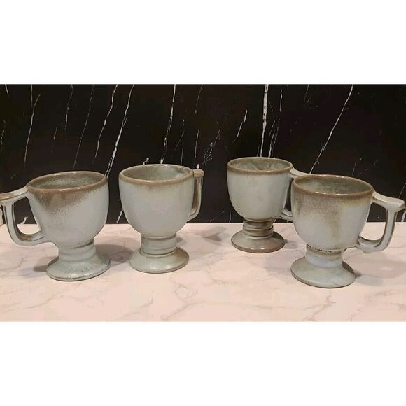 Frankoma Pottery Blue/Green Footed Coffee Tea Mug Set Of 4 MCM 4" x 3.25" EUC - Picture 8 of 14